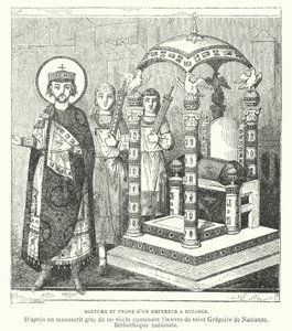 Kostüm und Thron eines byzantinischen Kaisers, 9. Jahrhundert von French School