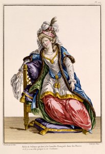 Kostüm für die Frau des Sultans in La Comedie Francaise, Druck von Patus (handkolorierter Stich) von French School