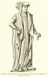 Kostüm von Philipp dem Guten, mit Kapuze und Kokarde von French School