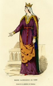 Kostüm einer kapetischen Königin im Jahr 1360, mit einer goldenen Krone, auf einem leichten Schleier, der ihre glatte Frisur teilweise verbirgt, trägt einen offenen Chlamys (Mantel) auf der Brust, befestigt durch eine goldene Kettenfibel, das sehr lange Ge von French School