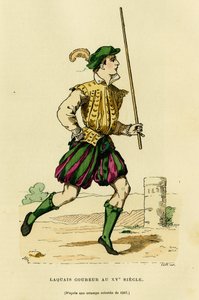 Kostüm des Läufers im 15. Jahrhundert, beauftragt, vor der Kutsche zu laufen, um die Straße freizumachen und die Passage eines Adligen oder Herrn anzukündigen. Farbgravur, in „Frankreich und die Franzosen durch die Jahrhunderte“ von Augustin Challamel, F.  von French School