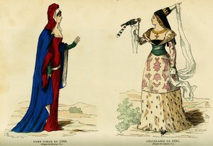 Kostüme einer Edeldame im Jahr 1386 und einer Burgherrin im Jahr 1395 (Regierungszeit von Karl VII. 1403-1461). Farbstich, in „Frankreich und die Franzosen durch die Jahrhunderte“ von Augustin Challamel, F. Roy Herausgeber, Paris 1882. Selva Sammlung. von French School
