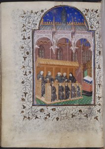 Schwarz gekleidete Mönche singen in einem Chor, aus dem Psalter von Heinrich VI., Paris, ca. 1420