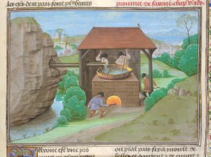 Salzschuppen mit Pfanne und Ofen, Illustration aus 
