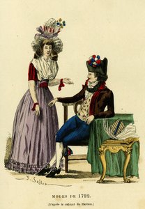 Paar in Mode von 1792. Farbige Gravur nach der Zeichnung des Harlem-Kabinetts, in „Frankreich und die Franzosen durch die Jahrhunderte“ von Augustin Challamel, F.Roy Herausgeber, Paris 1882. Selva Sammlung.