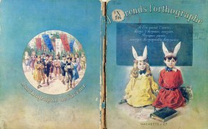 Titelillustration & Rückseite eines französischen Schulbuchs über das Schreiben, veröffentlicht von Hachette in Paris, 1905