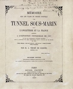 Deckblatt des „Memoire über die Pläne des neuen Projekts eines Unterwassertunnels zwischen England und Frankreich, präsentiert auf der Weltausstellung 1867“ von M.A. Thome de Gamond