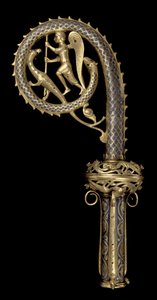 Krummstabkopf, der den heiligen Michael zeigt, wie er den Drachen besiegt, Limoges, ca. 1220-30