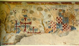 Kreuzzug: Abreise der Ritter zum Kreuzzug: Darstellung von St. Georg und Hugo I. von Vermandois (1057-1102) oder Hugo XII. von Lusignan. Detail (Fresko von Saint Jacques de Gueret) von French School
