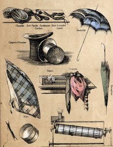 Beschreibung der Kultur und Seidenprodukte: Zubehör und Gegenstände (Handschuhe, Hüte, Regenschirm, Weste, Sieb, Angelschnüre, Nähgarn, Kordel). Tafel „Die Seide“ in „les Recreations instructives“ Synoptisches Gemälde von Jules Delbruck, Gravur von 1860. P