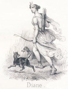 D Diana: Zwillingsschwester von Apollo. Im Himmel war sie Phebe oder Mond, beauftragt, die Erde zu erleuchten. In der Hölle war sie Hekate und präsidierte über die Urteile der Seelen. Auf der Erde war sie Diana, Göttin der Jagd von French School