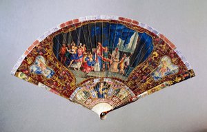 Beschädigter Handfächer im Vernis-Martin-Stil, der die Hochzeit des Adels darstellt, Schwanenleder mit bemaltem Elfenbeingriff, Höhe 20,5 cm