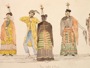 Tanz, einheimisch auf Buru, Molukken, Aquarell von Jules-Louis Lejeune, basierend auf Reise um die Welt