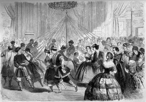 Tanz: das Schlittschuhgitter. Die Tänzer halten ein Band, dessen Ende an einer Maipflanze in der Mitte eines Kreises befestigt ist. Szene beim Ball, gegeben von Graf Walewski im Jahr 1861. Gravur in „Le Monde Illustré“ Nr. 202 vom 23. Februar 1861