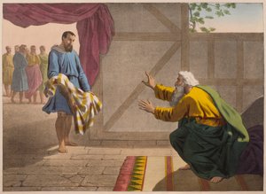 David zeigt Saul ein Stück seiner Kleidung, Illustration aus einem Katechismus 