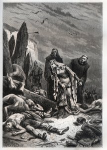 Tod von König Harold II. (1022-1066) in der Schlacht von Hastings im Jahr 1066 - Edith Swannesha (Schwanenhals), bekannt als Edith die Gerechte (1025-1086), entdeckt den Körper ihres Mannes - Ealdgyth (Edith die Schöne oder Edith Schwanenhals), entdeckt de