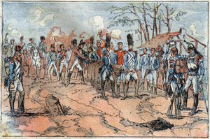Tod von Marschall Jean Lannes in der Schlacht bei Essling am 28. Mai von French School
