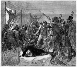 Streik der Bergleute von Decazeville (Aveyron) im Jahr 1886: Ingenieur Watrin wurde von den Streikenden ermordet. Gravur in "Le Monde Illustré", 6. Februar 1886