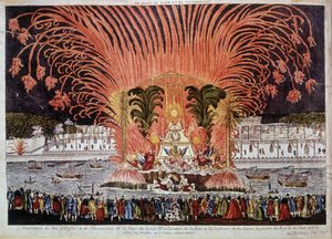 Dekoration von Feuerwerk und Beleuchtung des Place de Louis XV anlässlich des Friedens und der Einweihung der Reiterstatue des Königs am 22. Juni 1763 von French School