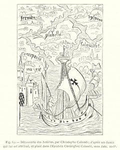 Entdeckung der Antillen durch Christoph Kolumbus; nach einer ihm zugeschriebenen Zeichnung, platziert in der Epistola Christofori Columbi, ohne Datum, in-8° (Gravur) von French School