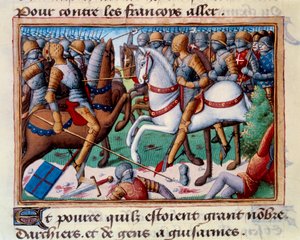 Niederlage des Herzogs von Clarence bei Grand-Baugy in Anjou (1421). Miniatur in „Vigiles du roi Charles VII“ (Folio 24v) von Martial d