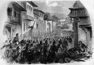 Verteidigung Roms gegen die französische Armee. General Oudinot eroberte Rom in der Schlacht am Janiculum am 30. Juni 1849 und verfolgte die Revolutionäre im Juli, um Papst Pius IX. zu antworten. Gravur in „Histoire des Papes-Rois-Queen and Empereurs à tra