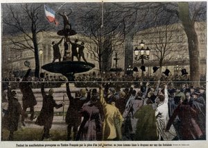 Demonstrationen vor dem französischen Theater, provoziert von einem Deserteur Juden, ein junger Mann hebt die französische Flagge: der Pilger von French School