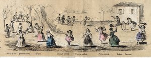 Beschreibung der Hobbys und Spiele von Kindern: Mädchenspiele, Vier-Ecken-Spiel, Seilspringen, Zielrennen, Reifen und Steuer. Tafel „Die Kinderspiele“ in „Les Recreations instructives“. Synoptisches Gemälde von Jules Delbruck, Gravur von 1860. von French School