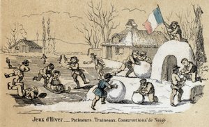 Beschreibung der Freizeit und Spiele von Kindern: Winterspiele, Schlittschuhlaufen, Rodeln und Schneebau. Tafel „Die Spiele der Kindheit“ in „les Recreations instructives“ Synoptisches Gemälde von Jules Delbruck, Gravur von 1860. Private Sammlung von French School