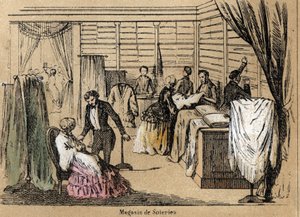 Beschreibung der Kultur und Seidenprodukte: ein Seidengeschäft. Tafel „Die Seide“ in „Les Recreations instructives“. Synoptisches Gemälde von Jules Delbruck, Gravur von 1860. von French School
