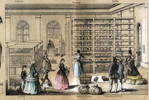 Beschreibung der Kultur und Seidenprodukte: in der Mitte die Magnanerie mit den verschiedenen Stadien der Seidenraupenzucht. Tafel „Die Seide“ in „les Recreations instructives“ Synoptisches Gemälde von Jules Delbruck, Gravur von 1860. Private Sammlung