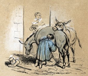Beschreibung der verschiedenen Produkte und Verwendungen des Esels: Die Produktion von Eselsmilch wird als Schönheitsprodukt verwendet. Detail der Tafel „Der Esel und seine Produkte“ in „Les Recreations instructives“, Synoptisches Gemälde von Jules Delbruc von French School