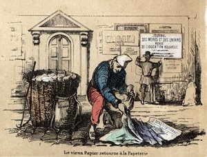 Beschreibung der verschiedenen Produkte und Verwendungen von Papier: altes Papier wird gesammelt, um wieder Lumpen zu werden. Tafel „Das Papier und seine Produkte“ in „Les Recreations instructives“. Synoptisches Gemälde von Jules Delbruck, Gravur von 1860. von French School