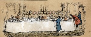 Beschreibung der verschiedenen Produkte und Verwendungen der Kuh: Produkte der Kuh (Käse, Rindfleisch) auf dem Tisch eines mondänen Buffets während eines Balls. Tafel „La coache et ses produits“ in „les Recreations instructives“ Synoptisches Gemälde von Ju