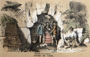 Beschreibung der verschiedenen Landschafts- und Reliefarten nach Geographie: Detail der Besucher in der Hundehöhle. Tafel „Physische Geographie“ in „Les Recreations instructives“. Synoptisches Gemälde von Jules Delbruck, Gravur von 1860. von French School