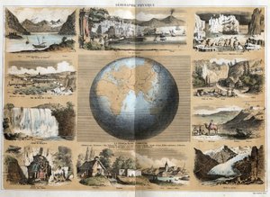 Beschreibung der verschiedenen Landschafts- und Reliefarten je nach Geographie: in der Mitte die Erde oder der Globus mit Angaben zu Meeren und Ozeanen, Kontinenten, Inseln, Gebirgsketten, Golfen, Kaps, Meerenge und Landengen. Blick auf den Genfersee