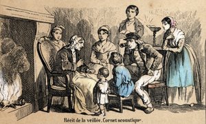Beschreibung der fünf Sinne: Detail des Hörens, Erzählungen während der Nacht in den Hütten, ein alter Mann benutzt einen Hörkegel. (Les cinq sens) von French School