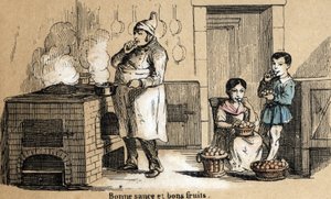 Beschreibung der fünf Sinne: Detail des Geschmacks, ein Koch kostet seine Sauce und Kinder knabbern an Früchten. Tafel „Die fünf Sinne“ in „les Recreations instructives“ Synoptisches Gemälde von Jules Delbruck, Gravur von 1860. Private Sammlung von French School