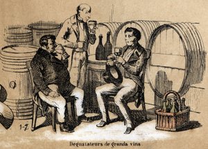 Beschreibung der fünf Sinne: Detail des Geschmacks, die Verkoster feiner Weine entwickeln den Gaumen in einem Keller. Tafel „Die fünf Sinne“ in „Die lehrreichen Erholungen“ Synoptisches Gemälde von Jules Delbruck, Gravur von 1860. Private Sammlung