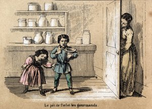 Beschreibung der fünf Sinne: Detail des Geschmacks, zwei gierige Kinder werden von ihrer Mutter erwischt, die einen Topf mit bitterem Geschmack unter den anderen Zuckergläsern versteckt. Tafel „Die fünf Sinne“ in „Les Recreations instructives“. Synoptische von French School