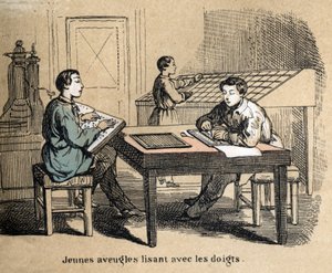 Beschreibung der fünf Sinne: Detail des Tastsinns, junge blinde Jungen ertasten Texte durch das Braille-Alphabet. (Les cinq sens)