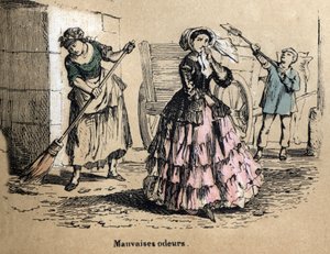 Beschreibung der fünf Sinne: Geruchssinn, eine Bürgerin hält sich die Nase zu, um den schlechten Geruch von Mist und Dung nicht zu riechen. (Les cinq sens) von French School