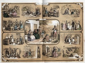 Beschreibung der fünf Sinne: Ansicht, von links nach rechts und von oben nach unten, Hören, Tasten, Riechen und Schmecken. Tafel „Die fünf Sinne“ in „les Recreations instructives“ Synoptisches Gemälde von Jules Delbruck, Gravur von 1860. Private Sammlung