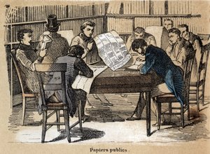 Beschreibung der verschiedenen Produkte und Verwendungen von Papier: Lesen öffentlicher Zeitungen. (Le papier et ses produits) von French School
