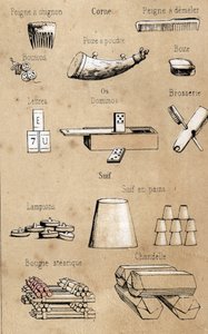 Beschreibung der verschiedenen Produkte und Verwendungen der Kuh: alle Arten von Gegenständen aus der Kuh, Kämme, Spiele und Schachteln aus Horn und Knochen, Kerzen und Nachfolgen. Tafel „La coache et ses produits“ in „les Recreations instructives“ Synopti