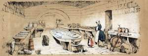 Beschreibung der verschiedenen Produkte und Verwendungen der Kuh: Ansicht einer Molkerei bei der Käseherstellung. Tafel „La coache et ses produits“ in „les Recreations instructives“ Synoptisches Gemälde von Jules Delbruck, Gravur von 1860. Private Sammlung