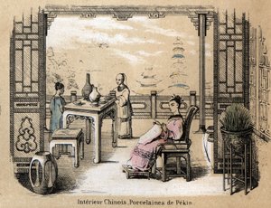 Beschreibung der verschiedenen Herstellungsschritte und Verwendungen von Ton: ein chinesisches Interieur mit Pekinger Porzellan. Tafel „Der Ton und seine Produkte“ in „Les Recreations instructives“. Synoptisches Gemälde von Jules Delbruck, Gravur von 1860. von French School