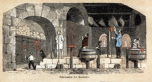 Beschreibung der verschiedenen Herstellungsschritte und Verwendungen von Glas: die Herstellung von Flaschen in einer Glasbläserwerkstatt. Tafel „Das Glas und seine Produkte“ in „Les Recreations instructives“. Synoptisches Gemälde von Jules Delbruck, Gravur