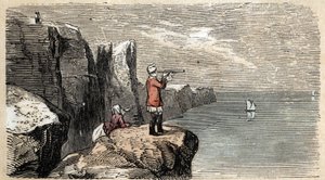 Beschreibung der verschiedenen Herstellungsschritte und Verwendungen von Glas: die Verwendung des Fernrohrs, um die Rückkehr der Seeleute zu beobachten. Tafel „Das Glas und seine Produkte“ in „Les Recreations instructives“. Synoptisches Gemälde von Jules D