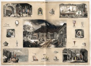 Beschreibung der verschiedenen Herstellungsstufen und Verwendungen von Glas: Innenansicht einer Glasfabrik, Herstellung von Flaschen in einer Glasbläserwerkstatt, Vergoldung, Polieren und Prägen von Eis und verschiedenen Objekten (Mikroskop, Spiegel, Brill